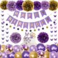 Purple birthday party decoration set including paper pom poms, banner, balloons and butterflies. - Purple Butterfly Banner Set