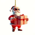 Santa Claus wearing cool sunglasses holding gift box acrylic ornament Christmas tree detail view. - Style 6