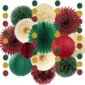 Set di decorazioni in carta natalizia, pon-pon e lanterne da appendere per feste a tema. - Set di Ventagli di Carta Rosso e Verde