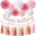 Set decorazione compleanno oro rosa con pon pon di carta festone banner e nappe colorate. - Set di Banner di Carta / Oro rosa