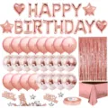 Dettagli set decorazioni festa compleanno oro rosa, inclusi palloncini, tenda e tovaglia. - Oro rosa