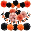 20-Piece Halloween Party Paper Fan Decorations Set with Flower Balls Bunting and Flags - Black and Orange / 20-Piece Set