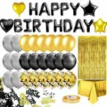 Birthday party balloon decoration set with foil letters, tinsel curtain and tablecloth. - Gold Black