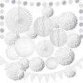 White paper party decoration set with paper fans, lanterns and pom poms for wedding events. - White Paper Fan Lantern Set