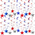 Patriotic red white blue hanging swirls and star decorations for independence day party decor. - Star Hanging Swirl