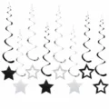 Decorazione sospesa a spirale con stelle glitter nero e argento per festa compleanno. - Set di Ornamenti Sospesi a Spirale con Stelle Glitterate / Nero E Argento