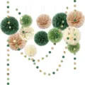 Set 15 pezzi pon pon di carta e ghirlanda a pois per decorazione festa matrimonio - Set di Fiori di Carta Verde Scuro