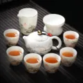 Service à thé Kung Fu en céramique blanche avec peinture paysagère, idéal pour bureau. - Style Théière Porcelaine de Jade Paysage