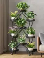Modern metal plant stand multi-tier heart shaped flower rack for indoor living room - Thickened 9 Pots with Wheels / Black