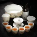 Service a thee kung fu traditionnel en ceramique de jade blanc tasse de bureau etancheite - Porcelaine de Jade Paysage + Six Messieurs + Lave-Thé