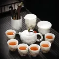 Variante de service à thé Kung Fu en céramique blanche, tasse et théière de style paysager. - Style Théière Paysage + Six Messieurs