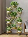 Modern gold metal plant stand multi-tier flower pot holder with wheels for living room decor - Thickened 9 Pots with Wheels / Bronze