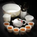 Service à thé Kung Fu céramique jade blanc design paysage élégant pour bureau et maison. - Style Théière Paysage + Six Messieurs + Lave-Thé