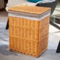 Cesta de ropa de mimbre con tapa y forro de tela a cuadros gran contenedor para uso en el hogar - Mediano 37*27*45cm / Color Miel con Tela de Cuadros Pequeños