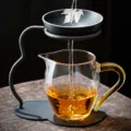 Ensemble théière filtre à thé en verre avec poignée ambrée et support noir élégant - Set Passoire à Thé en Poterie Noire + Tasse d'Équité Linglong 350ml (Poignée Jaune)