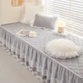 Grey quilted bay window cushion with elegant lace ruffled edge for home decor. - Square Pillow with Core / Gray