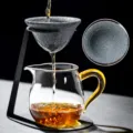 Ensemble de filtre à thé en céramique poreless avec tasse en verre et support. - Set Passoire à Thé Sans Trou + Tasse d'Équité Linglong (Poignée Jaune)