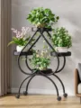 Modern metal plant stand with wheels, multi-tier black iron flower pot holder for living room balcony. - Thickened 4 Pots with Wheels / Woven Black