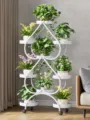 White metal plant stand multi-tier rolling flower pot holder for indoor living room balcony - Thickened 9 Pots with Wheels / Upgraded White
