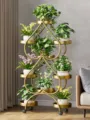 Gold iron multi-tier plant stand with wheels, modern living room flower pot holder rack - Thickened 9 Pots with Wheels / Upgraded Bronze