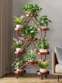 Modern metal plant stand multi-tier floor flower pot holder for living room balcony decor - Thickened 9 Pots with Wheels / Upgraded Red Copper