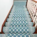 Non-slip stair treads carpet mats for wooden stairs, European geometric teal pattern - 24x65cm / Lake Blue