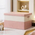 Caja de almacenamiento de tela plegable con tapa y asas reforzadas para guardar ropa. - Pequeño (32x24x18cm) / Bloque de Color Rosa y Blanco Mejorado