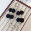 Fluffy crystal phone charm black pom pom keychain strap decorative accessory for phone bag - Black
