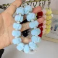 Fluffy plush pom pom phone charm pearl wrist strap cute bag keychain accessory decor - Blue