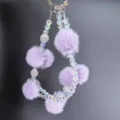 Purple pom-pom crystal beaded phone charm strap wrist lanyard cute accessory for autumn winter. - Purple