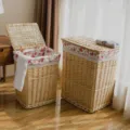Cesta de ropa de mimbre con tapa y forro de tela floral rosa, organizador rectangular para ropa. - Mediano 37*27*45cm / Color Original Tela de Rosas con Tapa