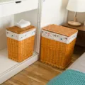 Cesta para ropa sucia de mimbre con tapa y forro de tela, gran contenedor de almacenamiento. - Mediano 37*27*45cm / Amarillo con Tela Torre Eiffel y Tapa