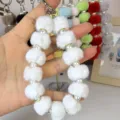 White plush pom pom pearl wrist strap phone charm cute bag keychain winter accessory - White