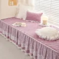 Quilted bay window cushion with elegant lace ruffle, soft plush fabric, cozy home decor - Square Pillow with Core / Purple