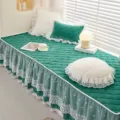 Green velvet bay window cushion set with elegant white lace ruffle, comfortable plush home decor mat. - Square Pillow with Core / Dark Green