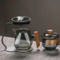 Ensemble de théière en verre avec poignée en bois et support métallique, filtre à thé élégant. - Set Passoire à Thé en Poterie Noire + Tasse Guanshan + Gaiwan