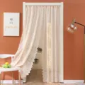 French style lace door curtain white sheer bedroom partition jacquard light filtering drape - Phoenix Tail Yellow (Rod Pocket) 1.5m High / Set 1: 40-60cm Carbon Steel Rod & 1.45m Sheer Curtain (1 pc)