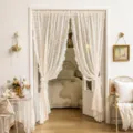 French style white lace door curtain, bedroom partition sheer curtain for elegant home decor - Huaxigu Beige (Rod Pocket) 1.5m High / Set 1: 40-60cm Carbon Steel Rod & 1.45m Sheer Curtain (1 pc)