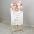 Wedding welcome sign easel set with pink artificial floral arrangement for ceremony decor - Hanging Flower No.3 + Sign + Wood Stand