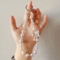 Pearl butterfly beaded phone charm lanyard and keychain wrist strap accessory detail view. - Pink Pearl Butterfly Style