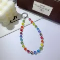 Colorful 96 Facet Crystal Beaded Phone Charm Handmade Wrist Lanyard Cute Bag KeyChain Strap Nice - Rainbow Flower Ball (With Gasket)