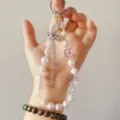 Beaded phone charm cute pearl crystal butterfly keychain aesthetic strap bag pendant accessory - Pink