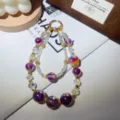 Handmade double layer beaded phone charm purple crystal gilt pendant cute keychain strap accessory - Medium Purple