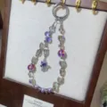 Crystal phone charm short wrist strap with purple beads and cute fox pendant for case - Purple
