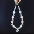 Crystal phone charm detail showing pastel beads, faceted clear crystals and zircon pendant. - Colorful Bead Style