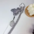 Korean style sparkling bear bag charm with tennis racket pendant and braided strap key. - Gray Bear
