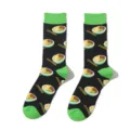 Cartoon ramen print cotton crew socks with vibrant green heels and toes for daily wear. - One Size / A780 (Ramen Black)