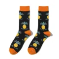 Close-up detail of stylish black cotton crew socks featuring cute yellow pineapple prints. - One Size / A779 (Pineapple Black)