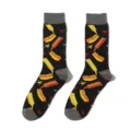 Close-up detail of black crew socks featuring fun pixel hot dog and ketchup patterns. - One Size / A778 (Hotdog Black)