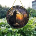 Stained acrylic suncatcher window hanging featuring black cat and sunset tree of life decor. - Style 30